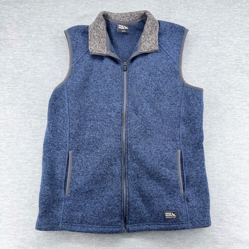 Eddie Bauer Vest Mens Large Blue Fleece Full Zip Mock Neck Marled Outdoor